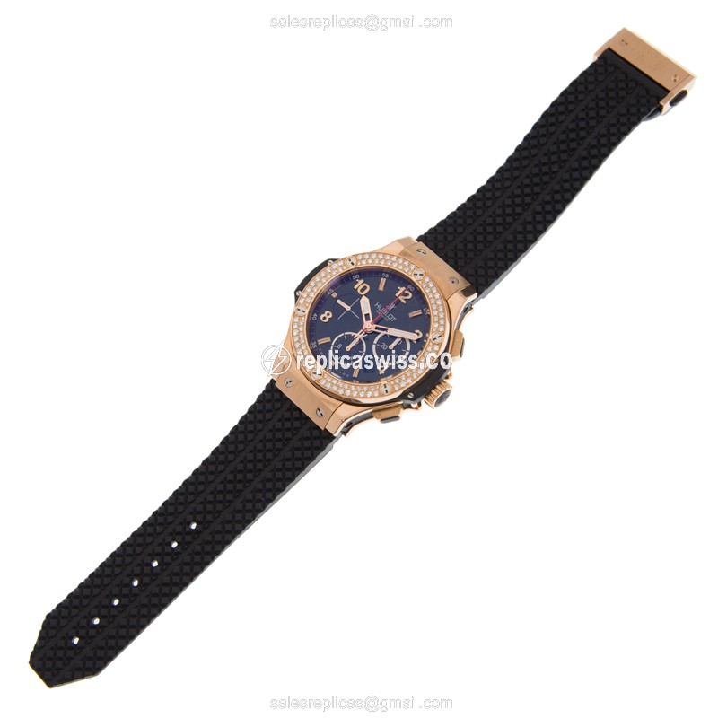 Hublot BIG BANG Replica - Automatic - 18kt Rose Gold - Diamonds - Black - Rubber Yellow Strap - View 2