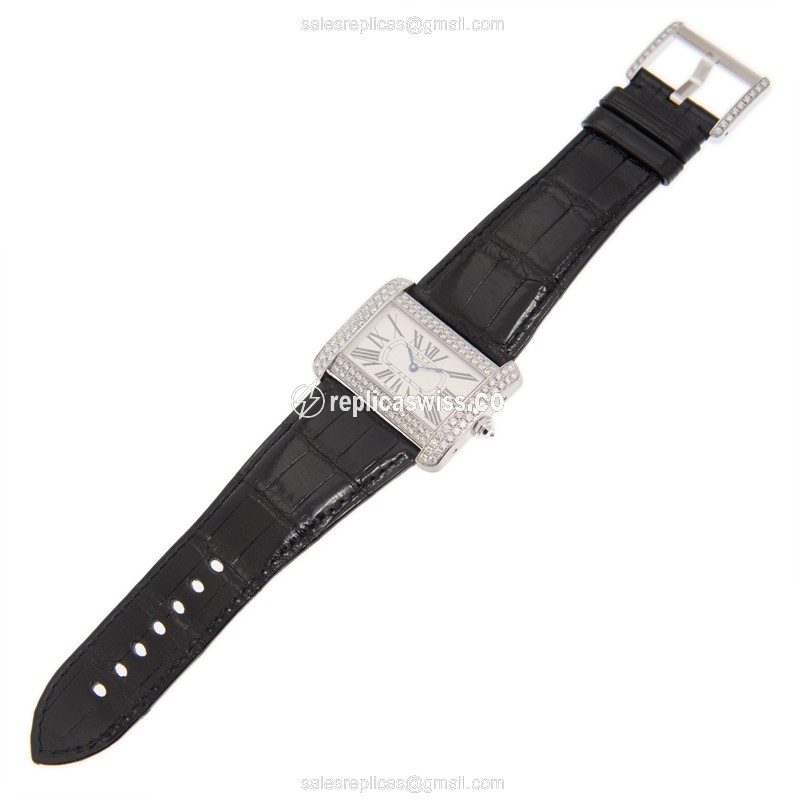 Cartier TANK Replica - Automatic - 18kt White Gold - Diamond - White Dial - Black Alligator Strap - View 2