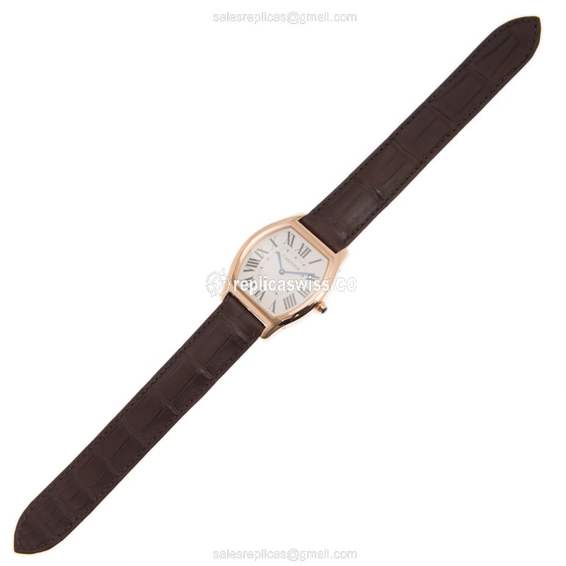 Cartier Tortue Replica - Automatic - 18kt Rose Gold - White Dial - Black Alligator Strap - View 2