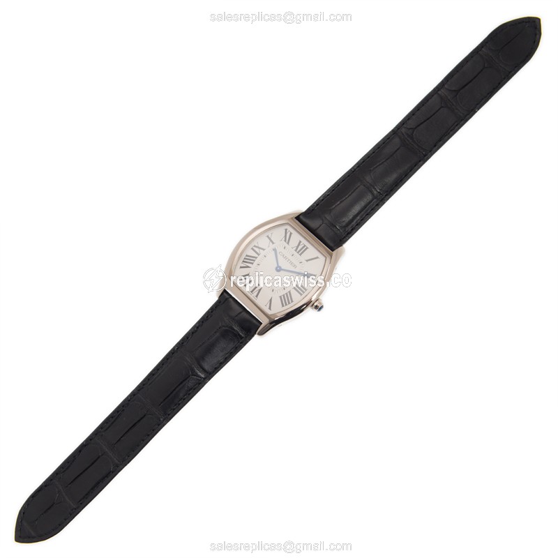 Cartier Tortue Replica - Automatic - 18kt White Gold - White Dial - Black Alligator Strap - View 2