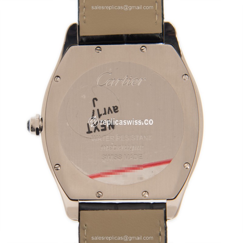 Cartier Tortue Replica - Automatic - 18kt White Gold - White Dial - Black Alligator Strap - View 3