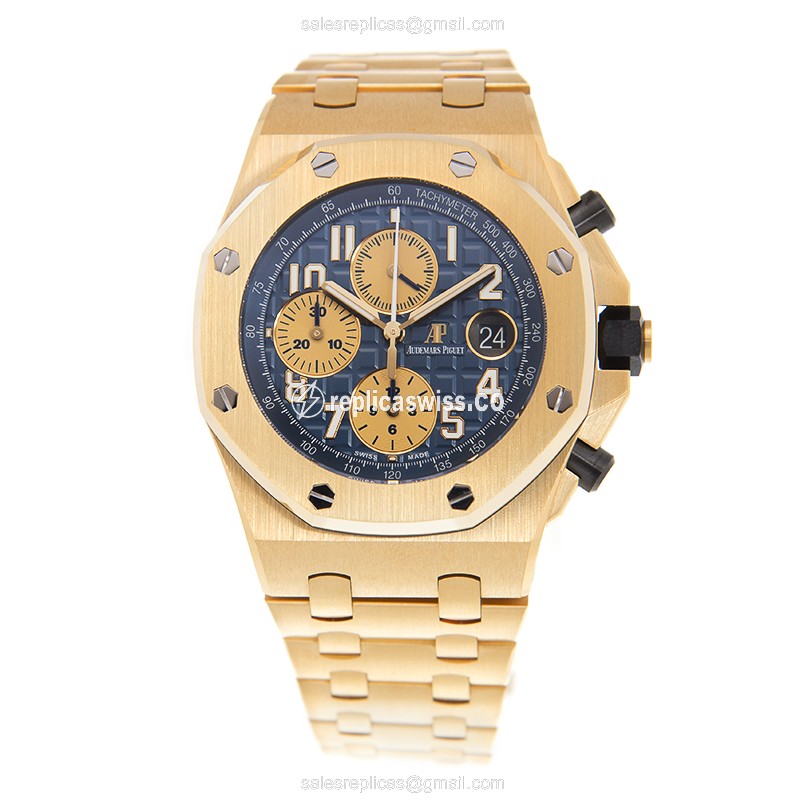 Rolex ROYAL OAK OFFSHORE Replica - Automatic - 18kt Gold - Blue Dial - Silver Strap - View 2