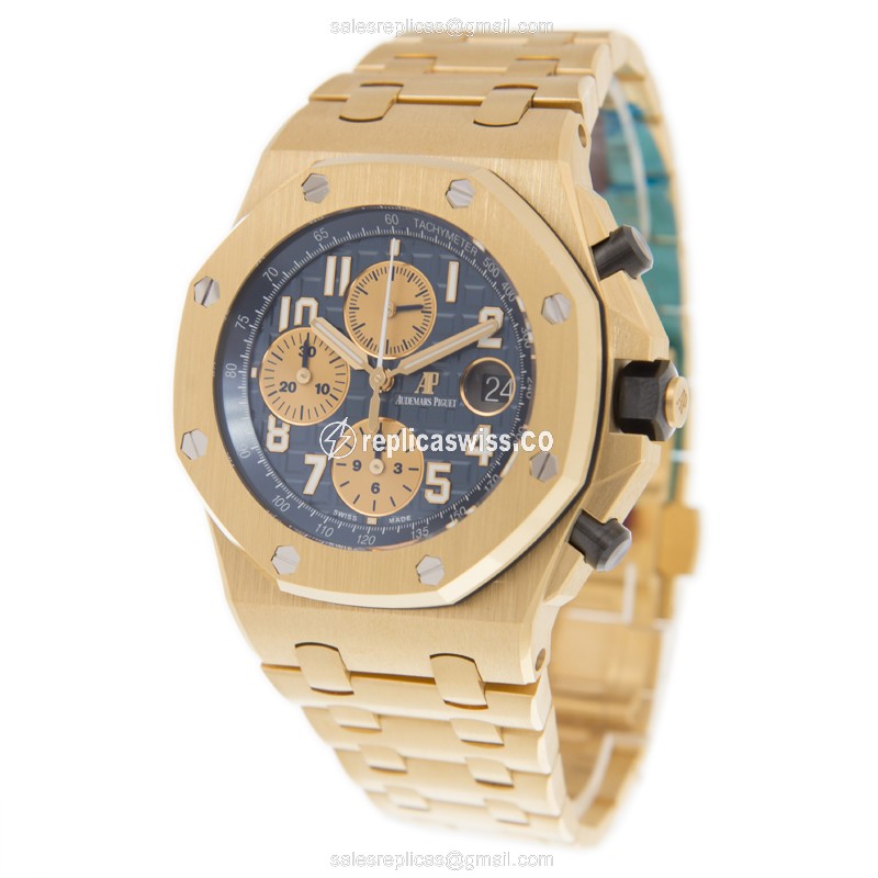 Rolex ROYAL OAK OFFSHORE Replica - Automatic - 18kt Gold - Blue Dial - Silver Strap - View 3