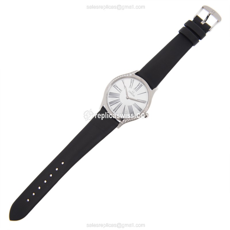 Omega De Ville Replica - Quartz - White Dial - Diamonds - Black Silk Strap - Buckle Clasp - View 2