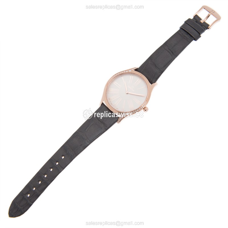 Omega Replica DE VILLE - Quartz - 18kt Rose Gold - Diamonds - Silver Dial - Leather Strap - Black Buckle - View 2