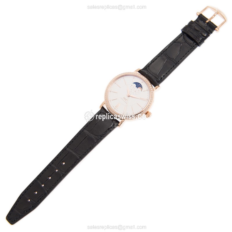 IWC Portofino Replica - Automatic 18kt Rose Gold - Diamond Accents - White Dial - Alligator Black Strap - View 2