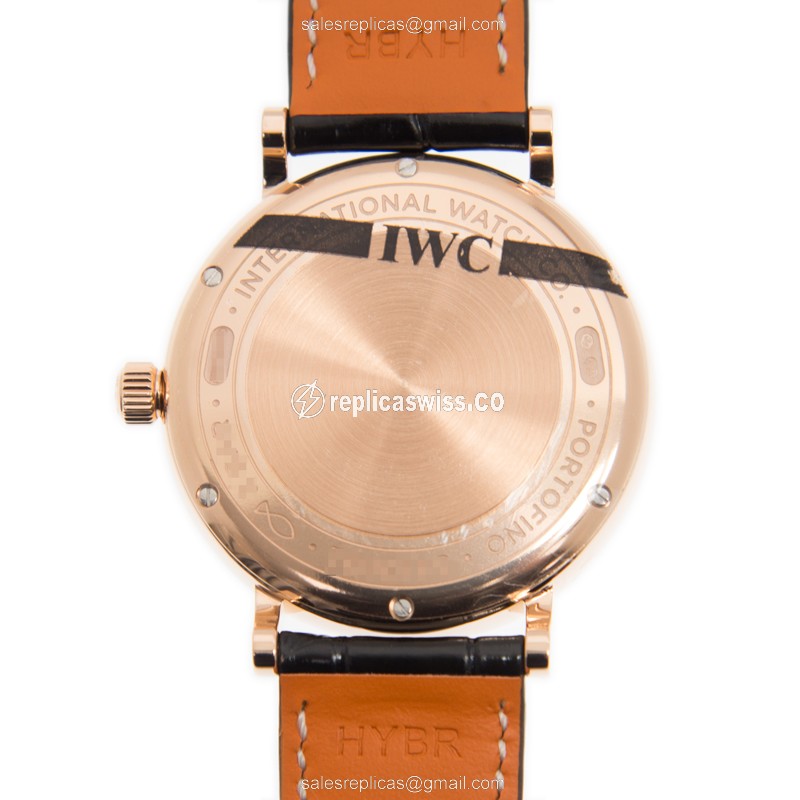 IWC Portofino Replica - Automatic 18kt Rose Gold - Diamond Accents - White Dial - Alligator Black Strap - View 3
