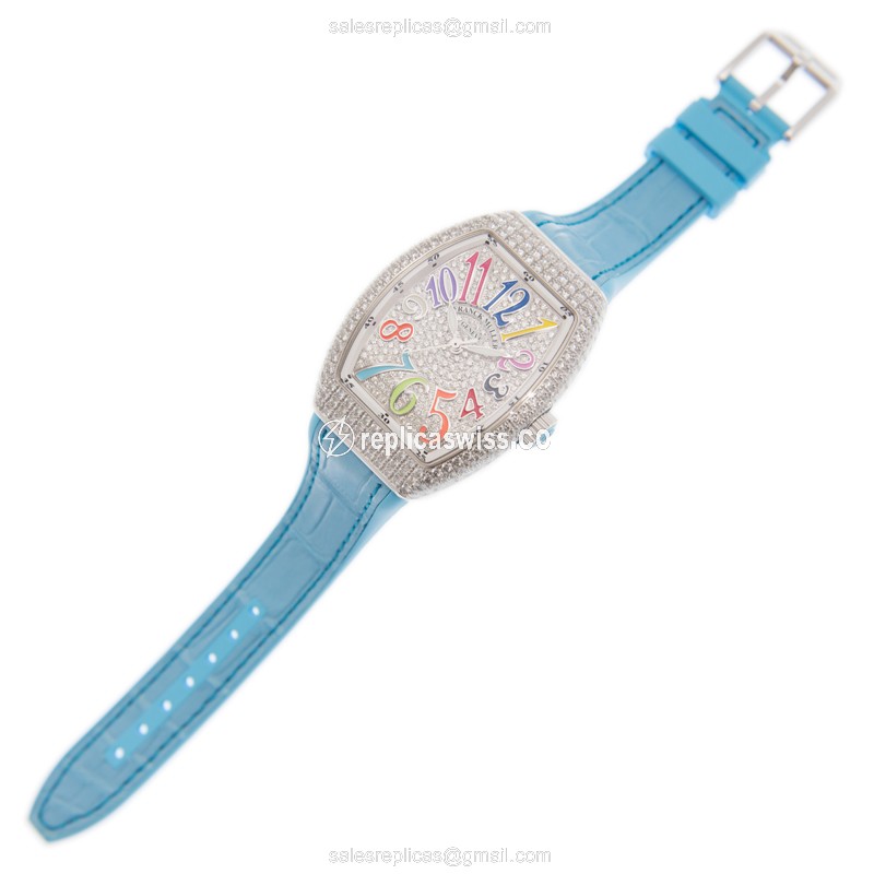 Franck Muller V 35 SC AT FO D CD COL DRM - Automatic - White Gold Case - Diamond - Silver Dial - Alligator Strap - View 2