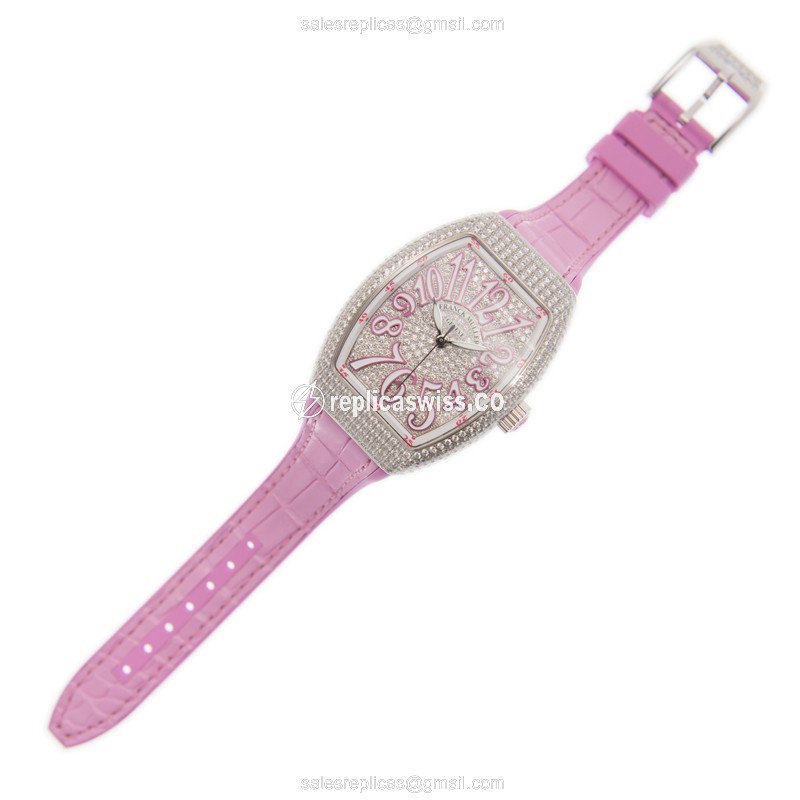 Franck Muller V35 SC AT FO D CD Vanguard - Auto - Diamond Case - Silver Dial - Pink Alligator Strap - View 2