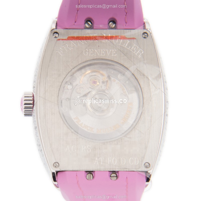Franck Muller V35 SC AT FO D CD Vanguard - Auto - Diamond Case - Silver Dial - Pink Alligator Strap - View 3