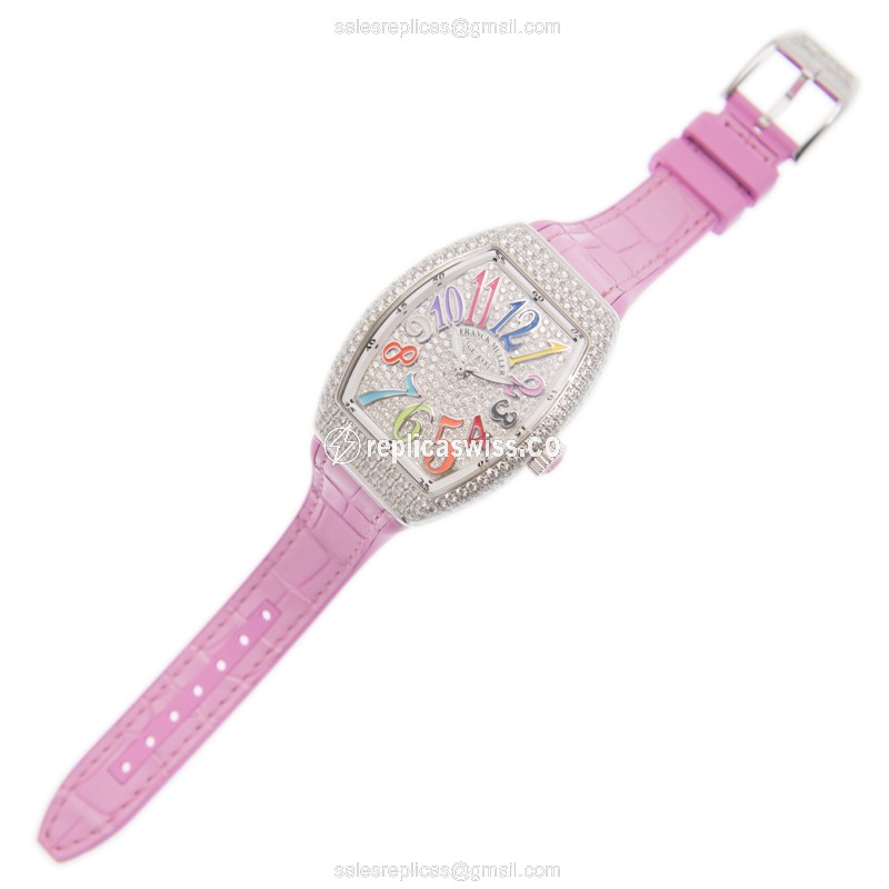Franck Muller V35 SC AT FO D CD COL DRM - Vanguard Auto - Diamond Case - Silver Dial - Pink Alligator Strap - View 2
