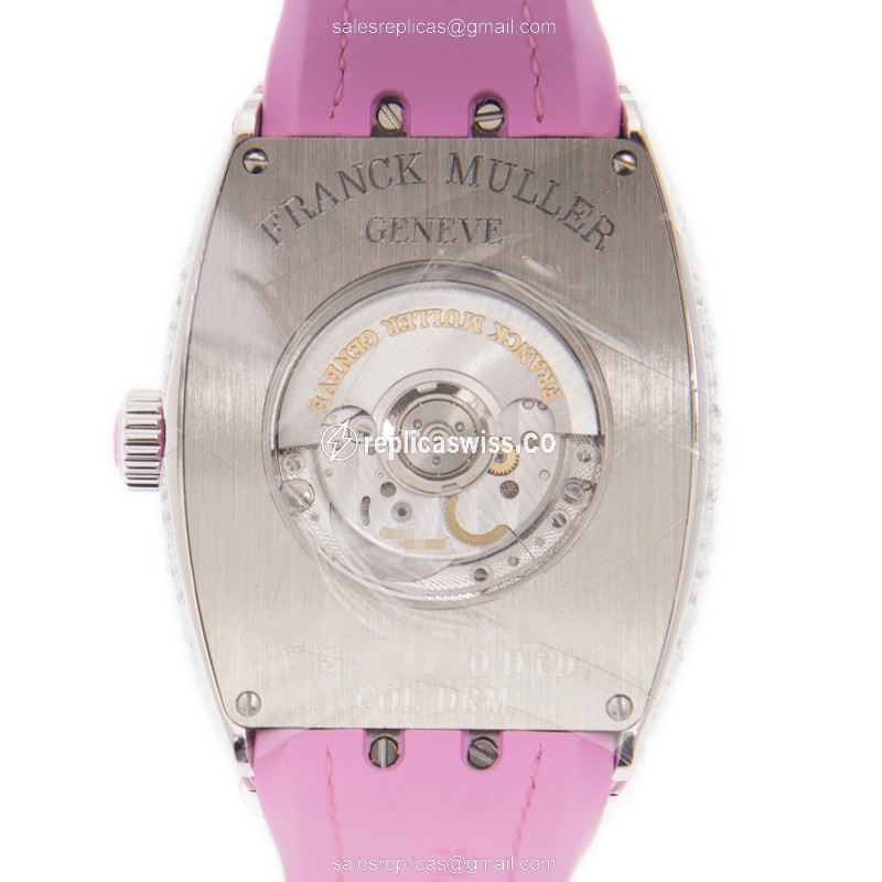 Franck Muller V35 SC AT FO D CD COL DRM - Vanguard Auto - Diamond Case - Silver Dial - Pink Alligator Strap - View 3