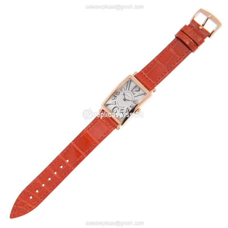 Franck Muller Long Island Replica - Quartz - 18kt Rose Gold - White Dial - Orange Alligator Buckle - View 2