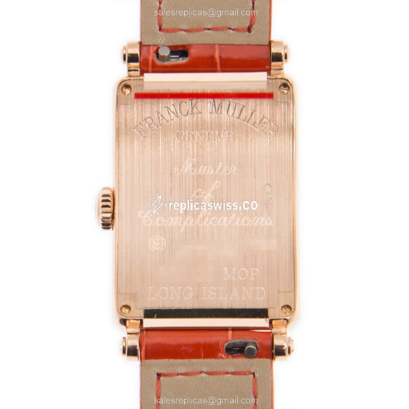 Franck Muller Long Island Replica - Quartz - 18kt Rose Gold - White Dial - Orange Alligator Buckle - View 3