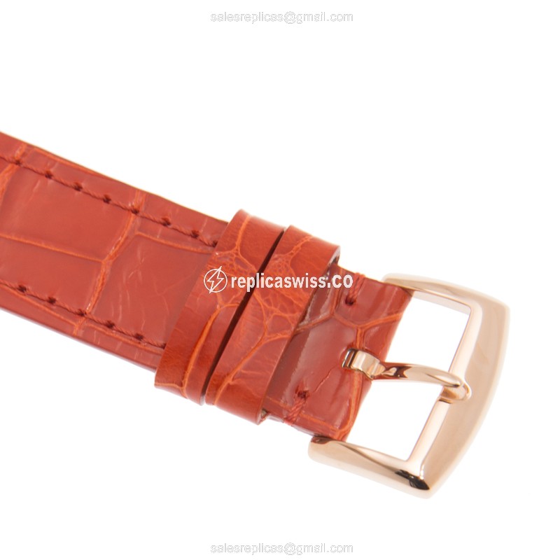 Franck Muller Long Island Replica - Quartz - 18kt Rose Gold - White Dial - Orange Alligator Buckle - View 4