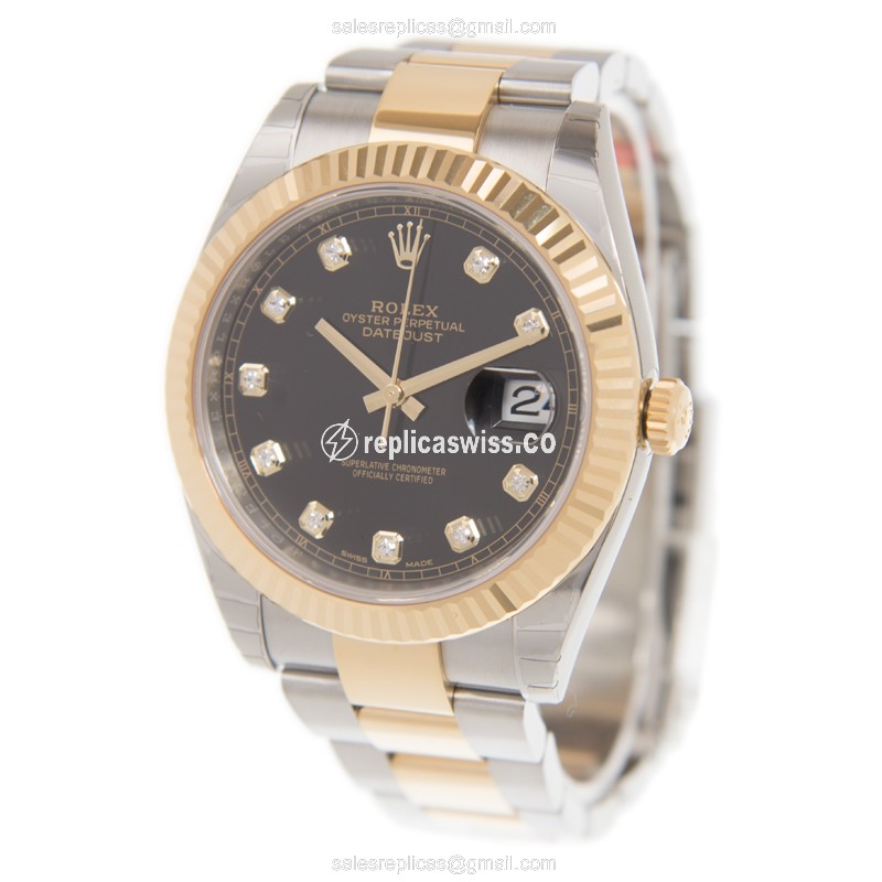 Rolex DATEJUST Replica - Automatic | 18kt Gold | Steel Case, Black Dial | Gold Clasp & strap - View 3