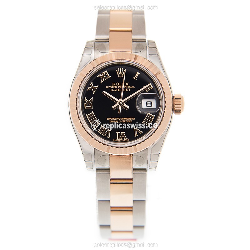 Rolex Datejust Lady Replica - Automatic - Rose Gold Case & Steel - Black Dial - View 2
