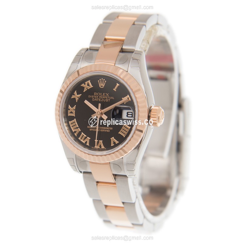 Rolex Datejust Lady Replica - Automatic - Rose Gold Case & Steel - Black Dial - View 3