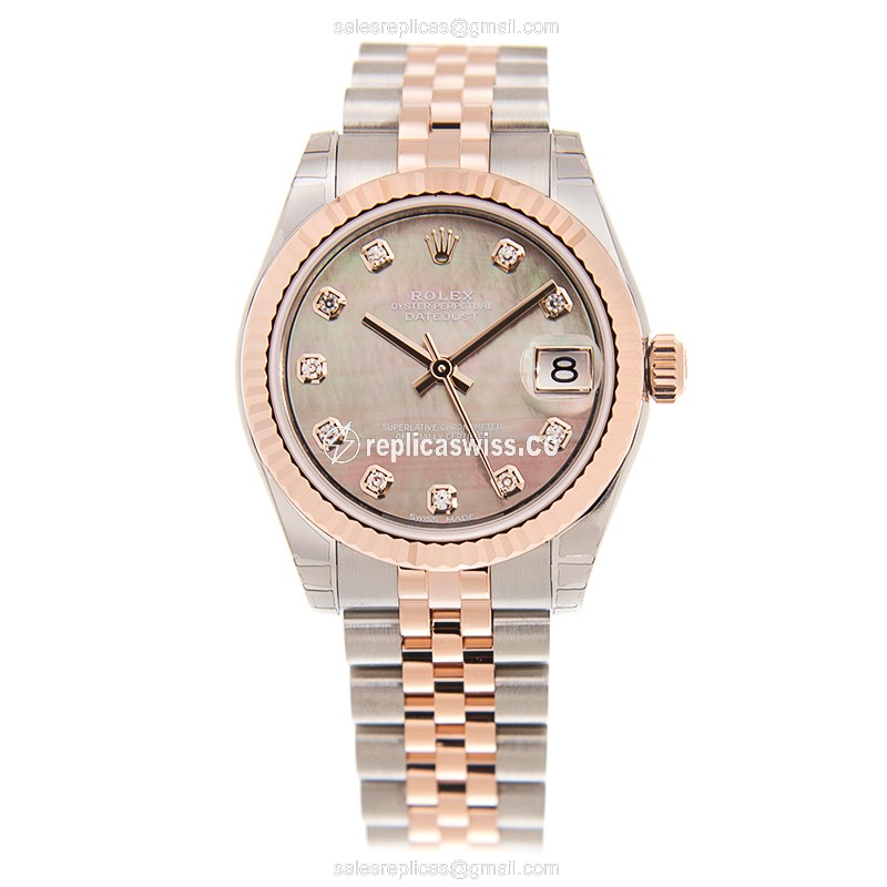 Rolex Datejust Replica - Automatic - 18kt Rose Gold & Steel - Black Dial - Gold Strap - View 2