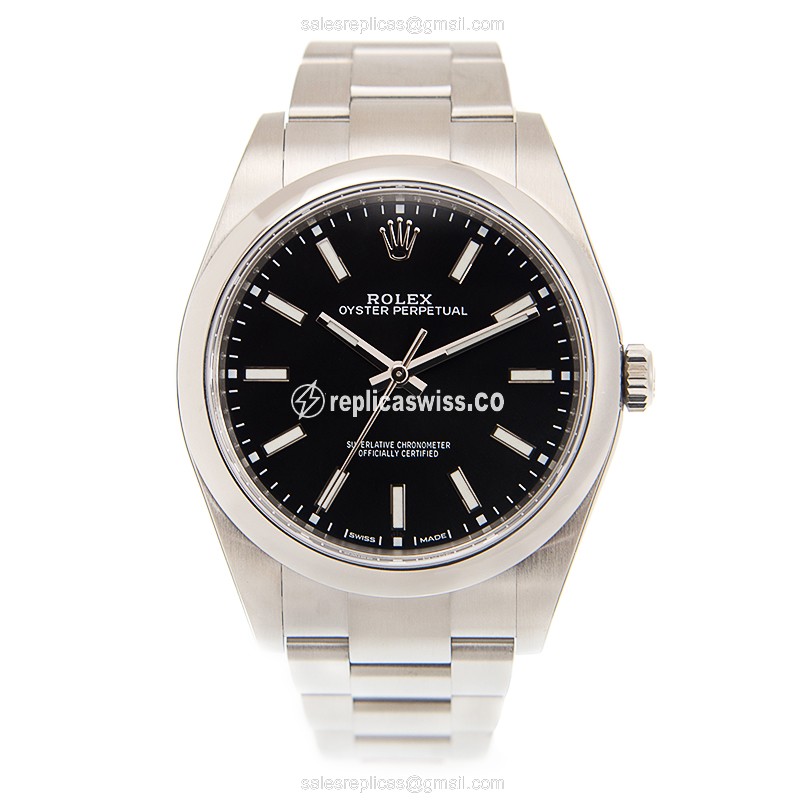 Rolex OYSTER PERPETUAL Replica - Automatic - Steel Case - Black Dial on Silver Steel Strap - View 2