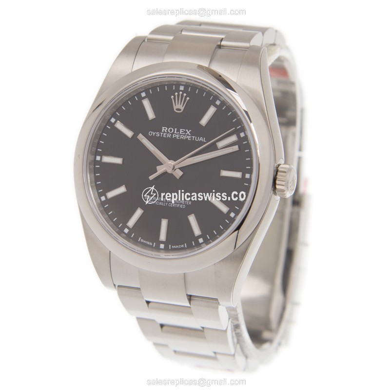 Rolex OYSTER PERPETUAL Replica - Automatic - Steel Case - Black Dial on Silver Steel Strap - View 3