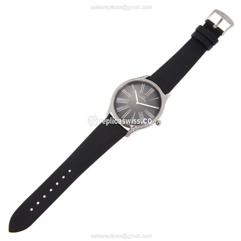 Omega DE VILLE Replica - Quartz - Stainless Steel Case - Black Dial on Black Leather Strap - View 2