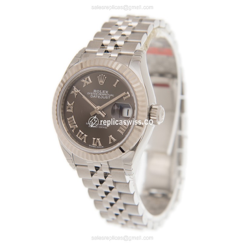 Rolex Datejust Lady Replica - Automatic - White Gold - Brown Dial, Steel Case & Strap - View 3