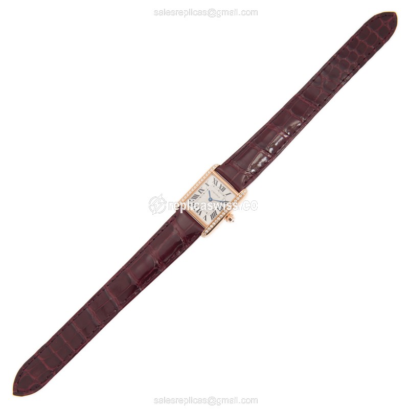 Cartier TANK Replica - Manual - 18kt Rose Gold - Diamond - White Dial - Red Alligator Strap - View 2