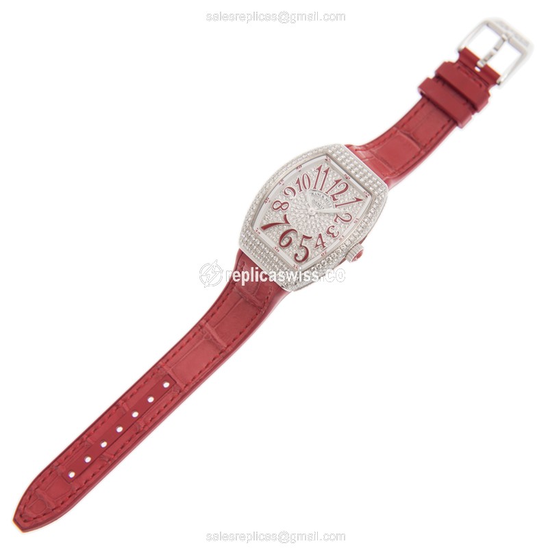 Franck Muller V 32 QZ D CD AC.RG - Replica - Quartz - 18kt White Gold - Diamond Set - Silver Dial - Red Alligator Strap - View 2