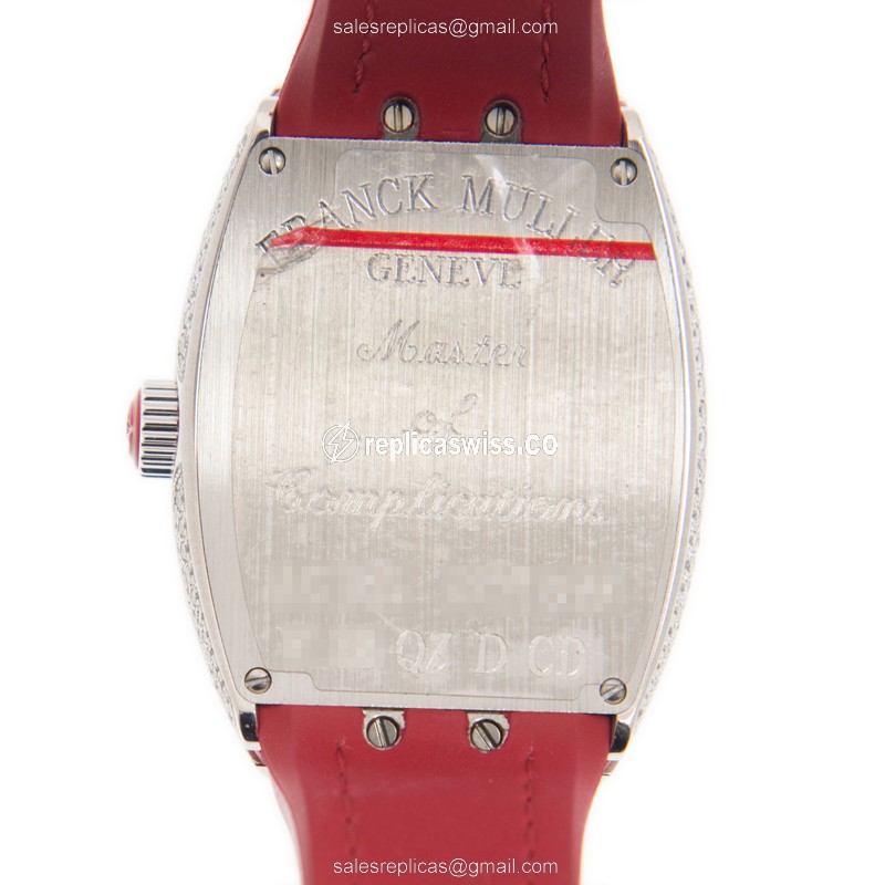 Franck Muller V 32 QZ D CD AC.RG - Replica - Quartz - 18kt White Gold - Diamond Set - Silver Dial - Red Alligator Strap - View 3