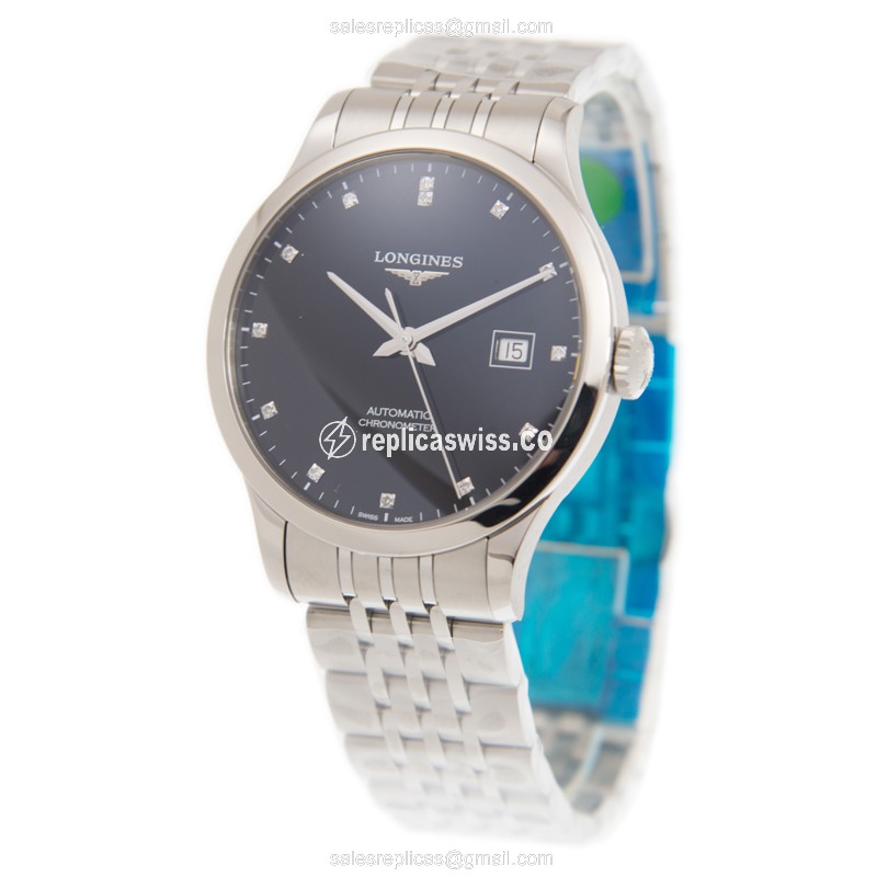 Longines RECORD Replica - Automatic - Steel Case - Black on Silver - View 3