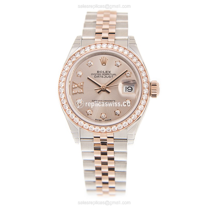 Rolex Datejust Replica - Automatic - 18kt Rose Gold - Pink Dial - Diamond Clasp - View 2