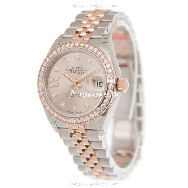 Rolex Datejust Replica - Automatic - 18kt Rose Gold - Pink Dial - Diamond Clasp - View 3