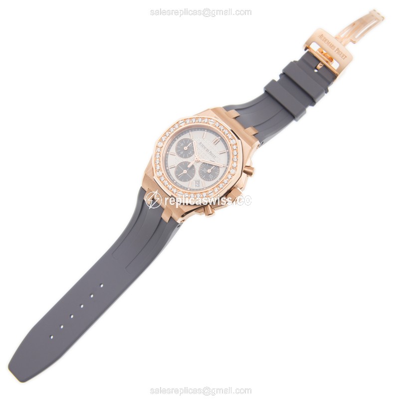 Audemars Piguet Royal Oak Offshore Replica - Automatic - 18kt Rose Gold & Diamonds - Silver Dial - Grey Rubber Strap - View 2