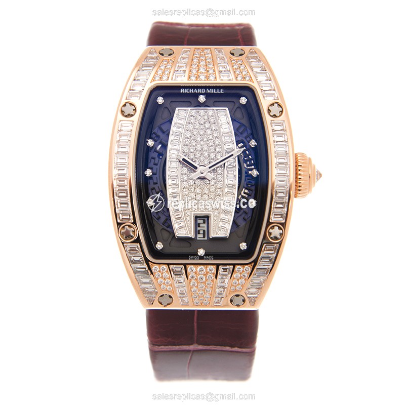 Richard Mille RM007 Replica - Automatic - 18kt Rose Gold - Diamond Case - Silver Dial - Red Alligator Strap - Buckle Clasp - View 2