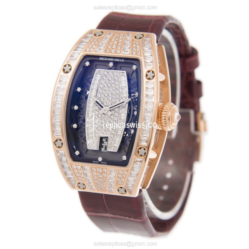 Richard Mille RM007 Replica - Automatic - 18kt Rose Gold - Diamond Case - Silver Dial - Red Alligator Strap - Buckle Clasp - View 3