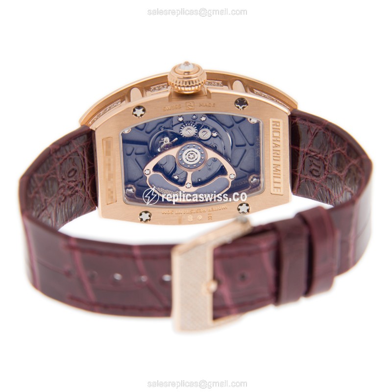 Richard Mille RM007 Replica - Automatic - 18kt Rose Gold - Diamond Case - Silver Dial - Red Alligator Strap - Buckle Clasp - View 4