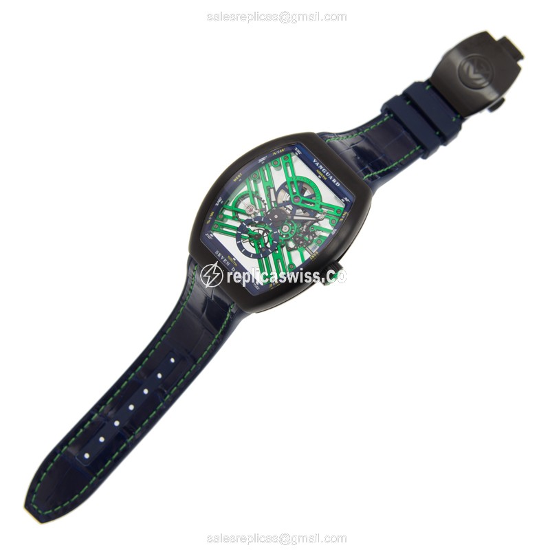Franck Muller V 45 S6 SQT TT NR BR BL LE Automatic - Steel Case - Green Dial, Blue Alligator Strap - View 2