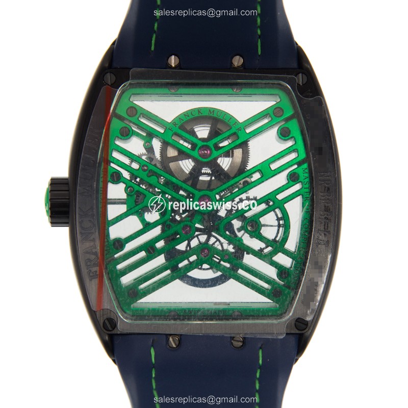 Franck Muller V 45 S6 SQT TT NR BR BL LE Automatic - Steel Case - Green Dial, Blue Alligator Strap - View 3