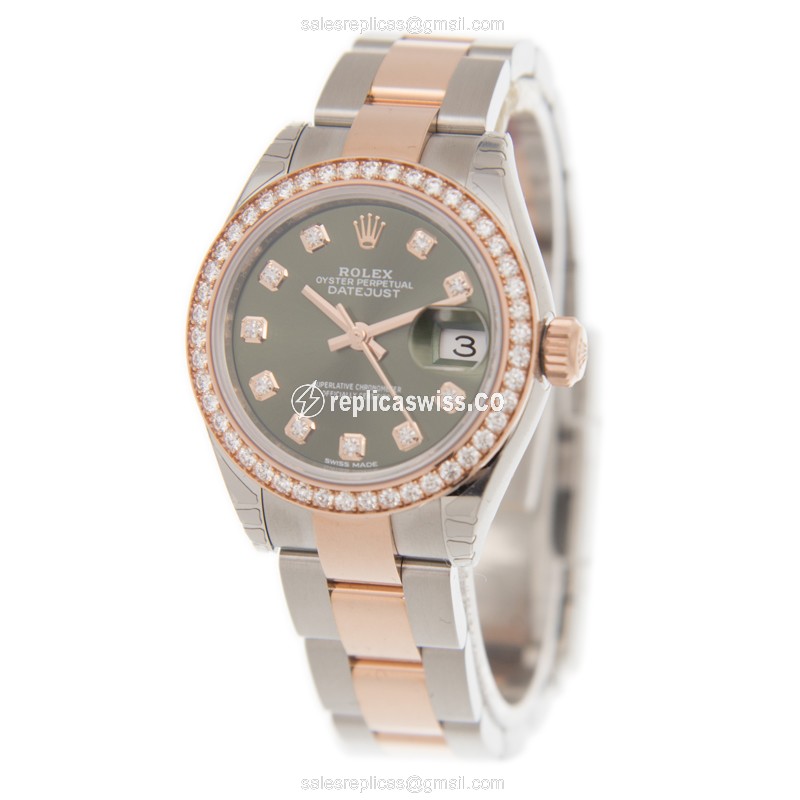 Rolex Datejust Replica - Automatic - 18kt Rose Gold - Green Dial, Diamond Bezels - View 3