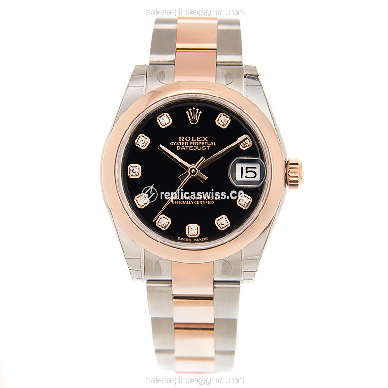Rolex Datejust Replica - Automatic - 18kt Rose Gold Case - Black Dial & Gold Steel Strap - View 2