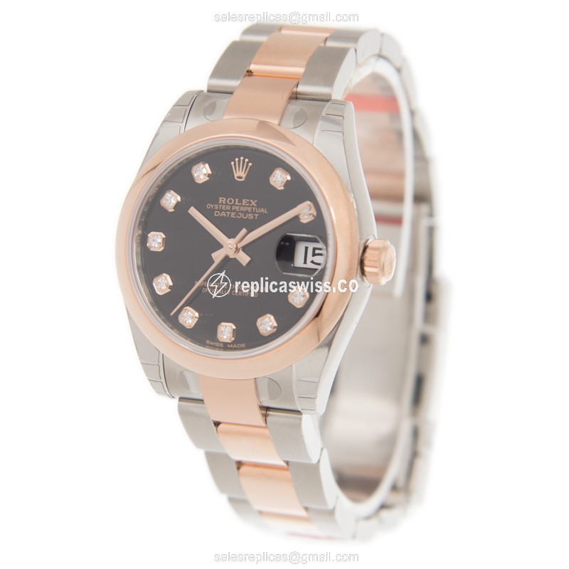 Rolex Datejust Replica - Automatic - 18kt Rose Gold Case - Black Dial & Gold Steel Strap - View 3
