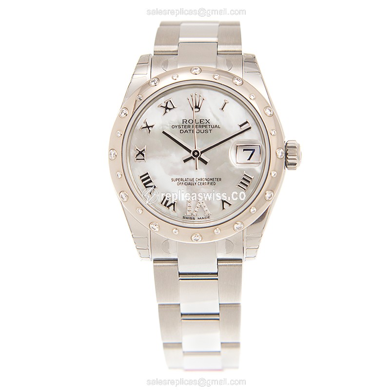 Rolex Lady Datejust Replica - Auto - White Gold & Diamond - Steel Case - White Dial - View 2