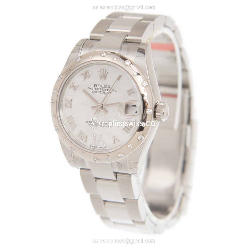 Rolex Lady Datejust Replica - Auto - White Gold & Diamond - Steel Case - White Dial - View 3