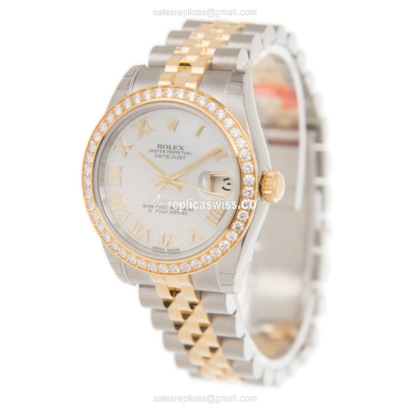 Rolex Datejust Lady Replica - Automatic - White Dial - 18kt Gold - Steel Strap - View 3