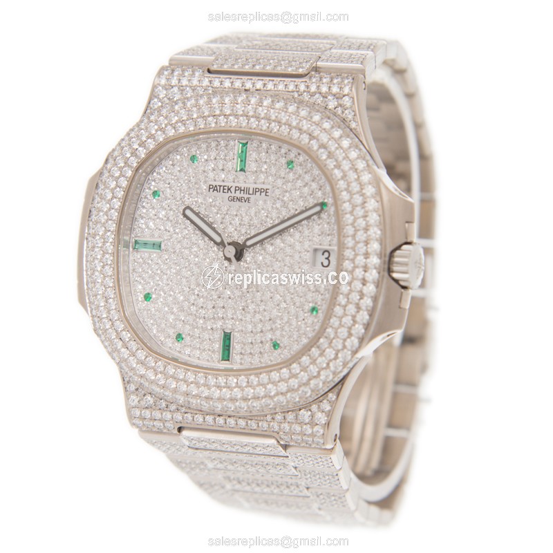 Patek Philippe 5719/1G-010 Replica - Automatic - 18kt White Gold - Diamond Case - Silver Dial - View 3