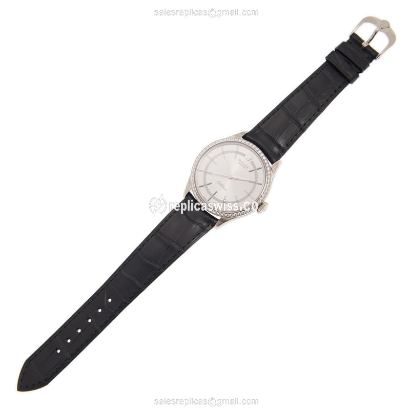Rolex Cellini Replica - Automatic - 18kt White Gold - Diamond Set - Silver Dial - Buckle Clasp - View 2