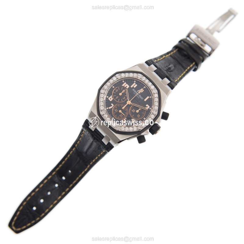 Audemars Piguet Royal Oak Replica - Automatic - Stainless Steel & Diamond - Black Dial - Alligator Black Clasp - View 2
