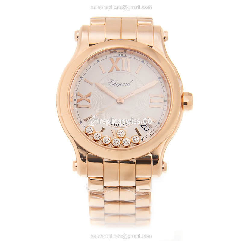 Chopard Happy Sport Replica - Automatic - 18kt Rose Gold - Silver Dial - Gold Strap - View 2