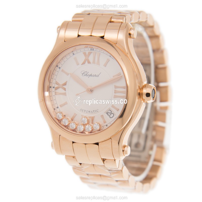 Chopard Happy Sport Replica - Automatic - 18kt Rose Gold - Silver Dial - Gold Strap - View 3